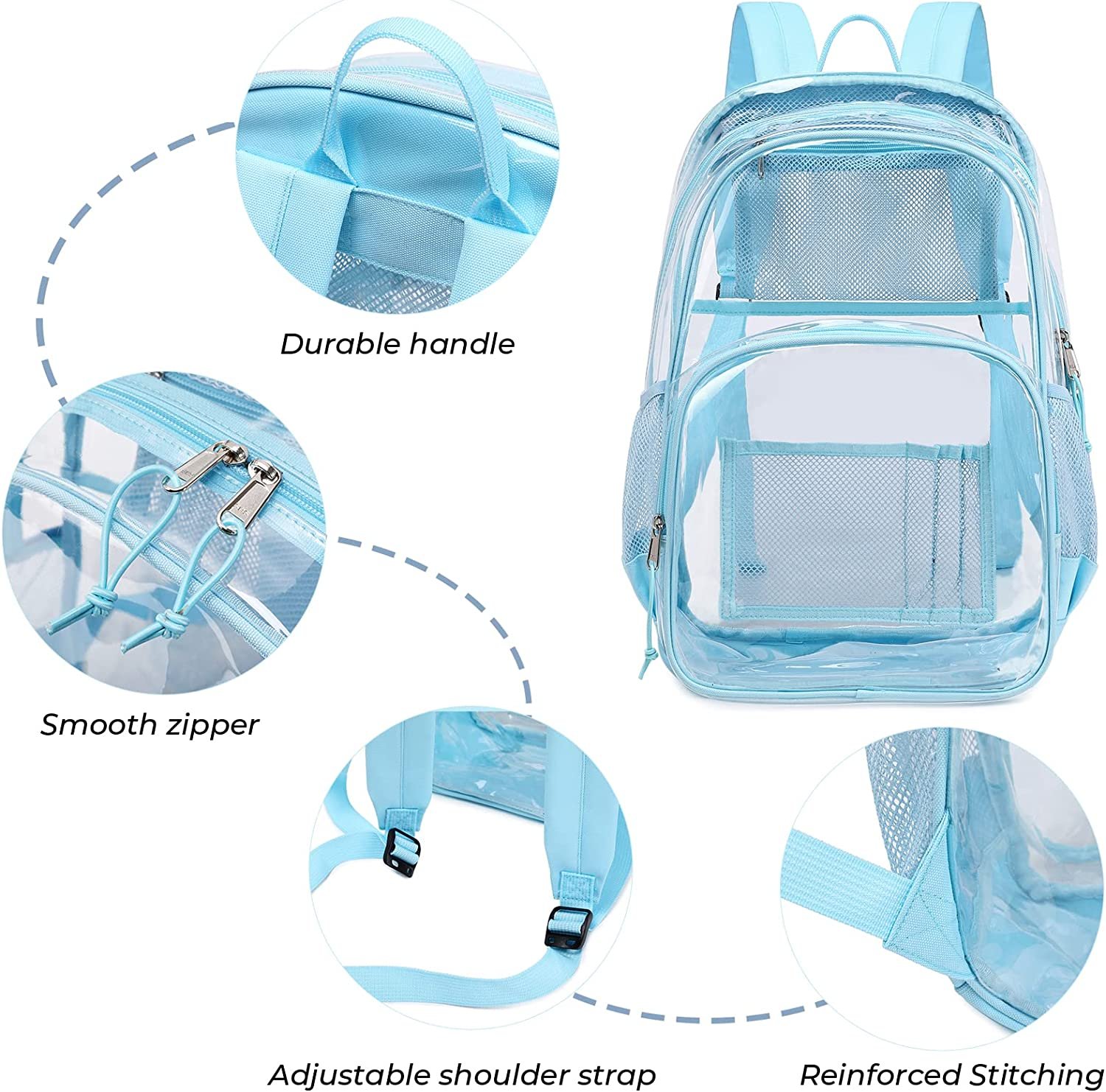 PVC school Backpack Waterproof durable See Through Bag Stadium Approved Clear Schoolbag Daypack Heavy Duty for travel Campus, Baby Blue