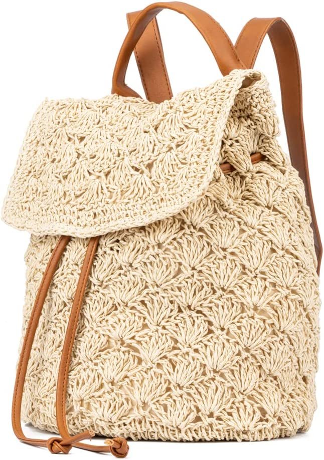 Women's Fashion, Natural Beige Crochet Woven Small Backpack